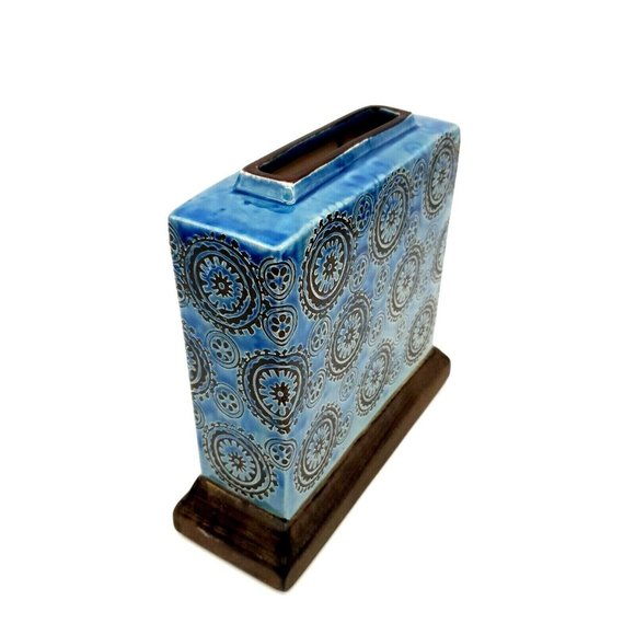 Rectangular Floral Vase Blue Ceramic Glazed 8" x 8" Square Centerpiece Home Deco - Picture 4 of 9